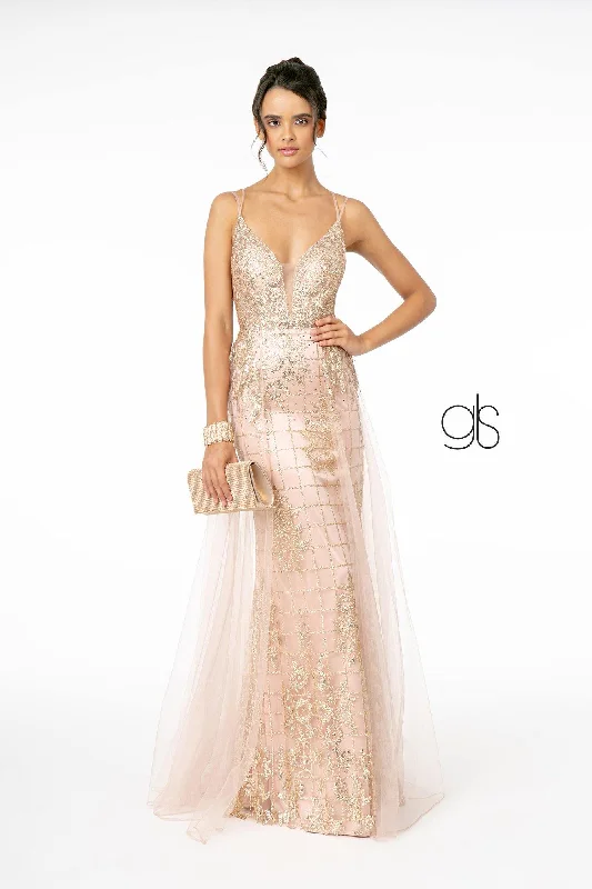 Glitter Mesh Illusion Deep V-Neck Long Prom Dress