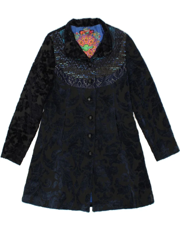 DESIGUAL Womens Graphic Overcoat EU 42 Large Navy Blue Paisley Polyester