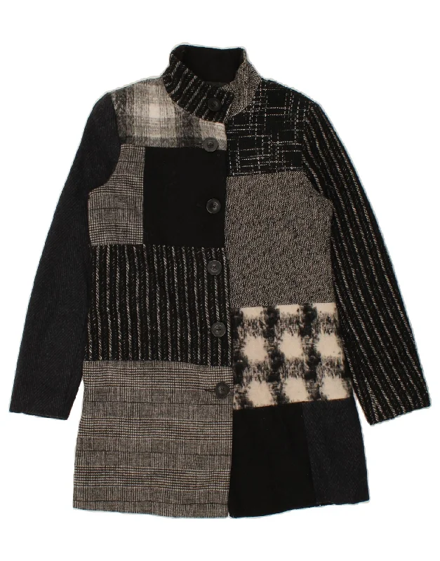 DESIGUAL Womens Overcoat EU 38 Medium Black Patchwork Polyester