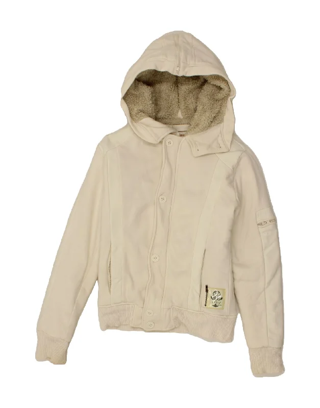 DIESEL Womens Hooded Bomber Jacket UK 14 Medium Off White Cotton