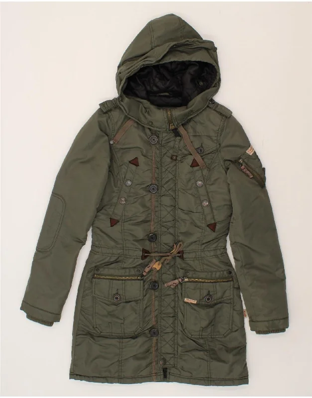 KHUJO Womens Hooded Parka Jacket UK 10 Small Khaki Nylon