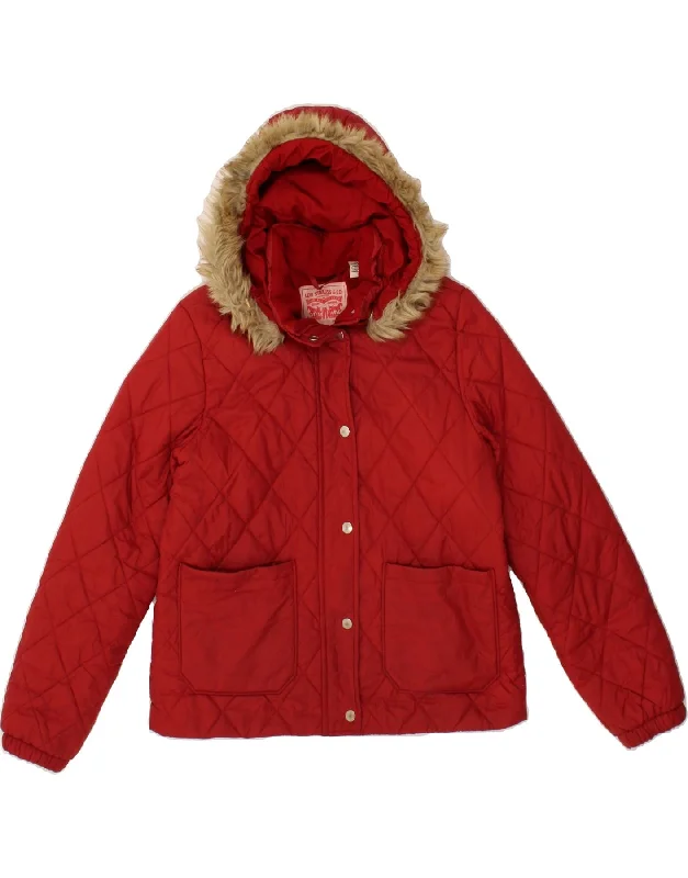 LEVI'S Womens Hooded Quilted Jacket UK 14 Medium Red Polyamide