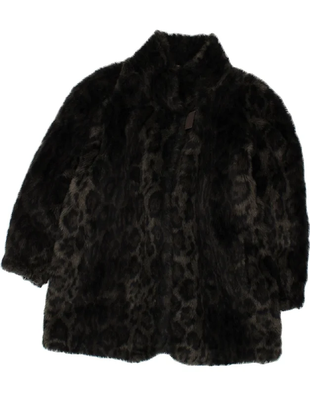 MICHEL ALEXIS Womens Faux Fur Overcoat UK 14 Large Black Animal Print