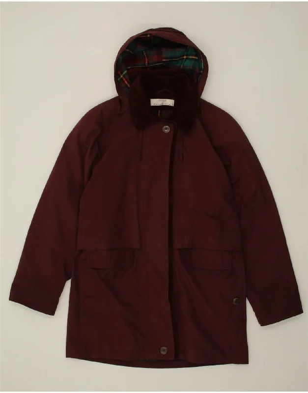 VINTAGE Womens Hooded Overcoat UK 12 Medium Maroon Polyester