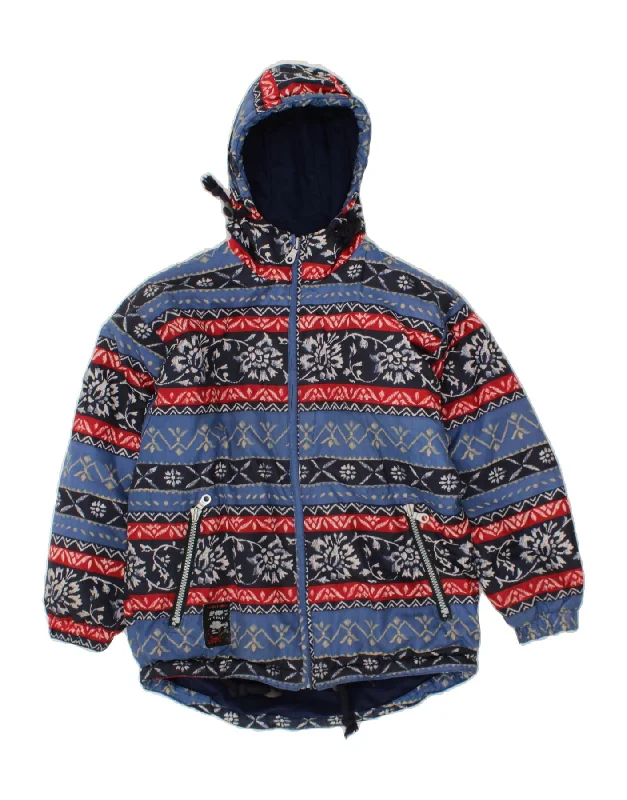 VINTAGE Womens Hooded Windbreaker Jacket EU 42 Large Blue Fair Isle