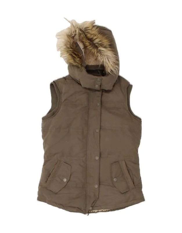 FAT FACE Womens Hooded Padded Gilet UK 10 Small Khaki Polyester