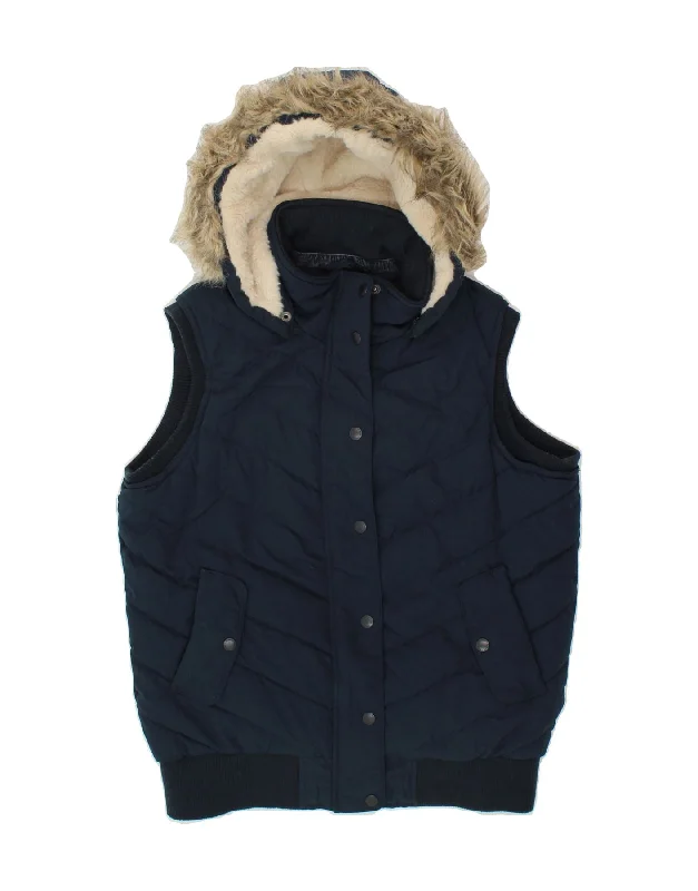 FAT FACE Womens Hooded Padded Gilet UK 12 Medium Navy Blue Cotton