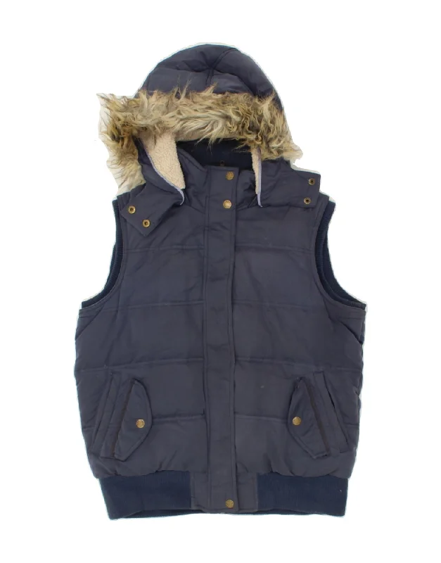 FAT FACE Womens Hooded Padded Gilet UK 12 Medium  Navy Blue Polyester