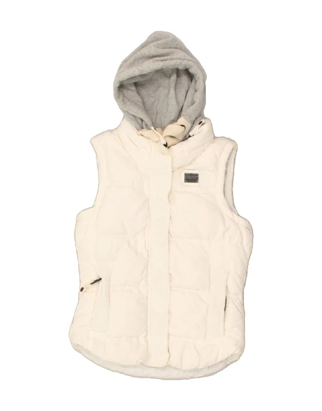 SUPERDRY Womens Hooded Padded Gilet UK 10 Small White Cotton