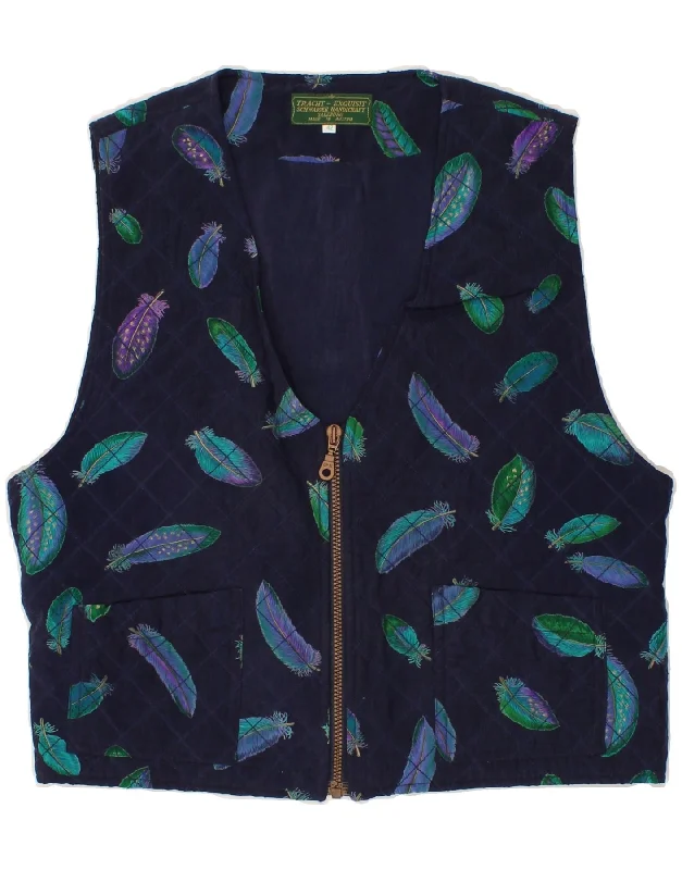 VINTAGE Womens Abstract Pattern Gilet IT 42 Medium Navy Blue Cupro