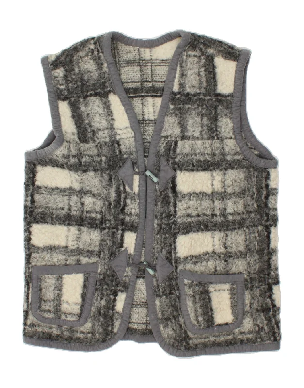 VINTAGE Womens Fleece Gilet UK 16 Large Grey Check Aztec