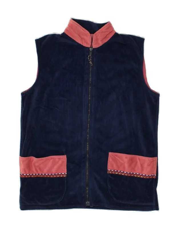 VINTAGE Womens Fleece Gilet UK 16 Large Navy Blue Colourblock