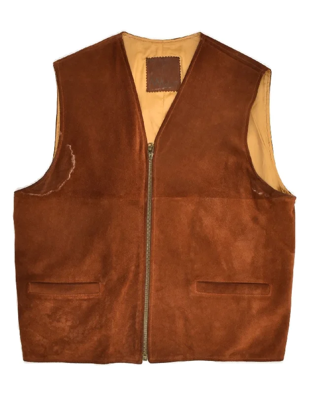 VINTAGE Womens Leather Gilet UK 10 Small Brown Leather