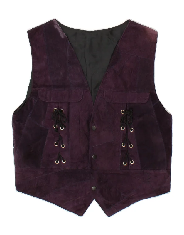 VINTAGE Womens Leather Gilet UK 14 Large Purple Leather