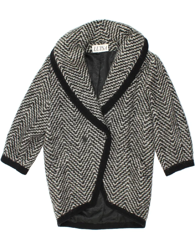 VINTAGE Womens Overcoat UK 16 Large Grey Chevron Wool