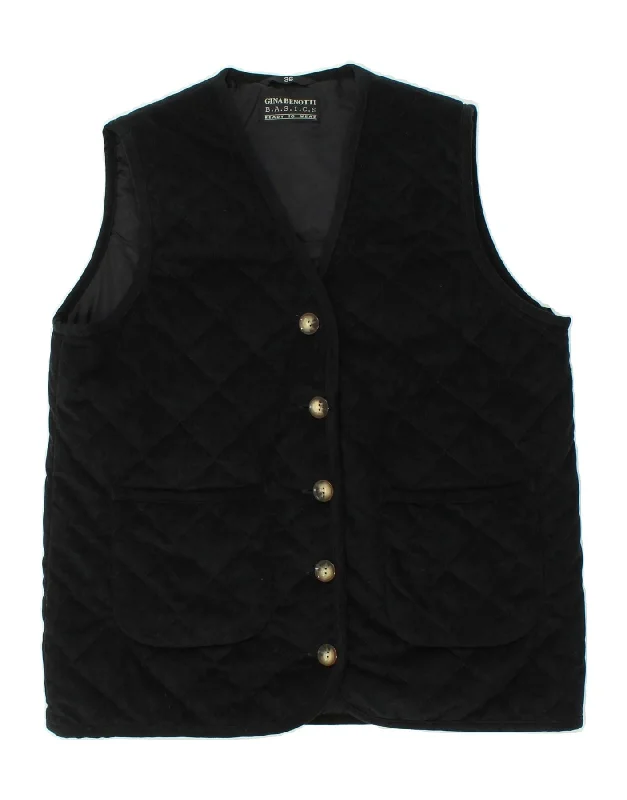 VINTAGE Womens Quilted Gilet EU 36 Small Black Polyester