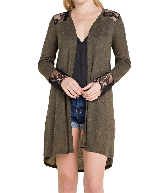 Cardigan With Lace Detail In Olive