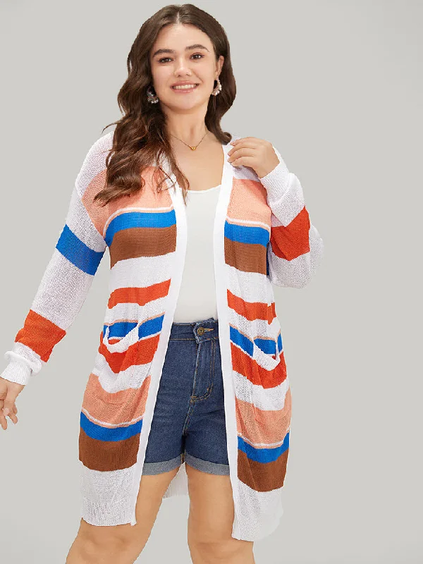 Colorblock Contrast Pocket Tunic Open Front Cardigan