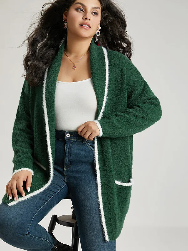 Contrast Trim Fuzzy Patched Pocket Cardigan