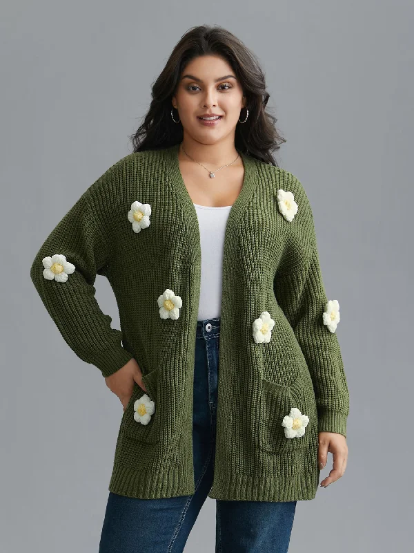 Floral Motifs V-Neck Pockets Knit Cardigan