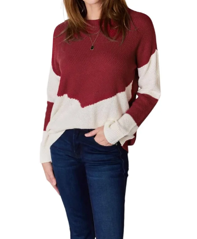 Full Size Color Block Dropped Shoulder Knit Top In Red