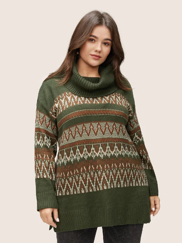 Geo Pattern Split Side Turtle Neck Jacquard Pullover