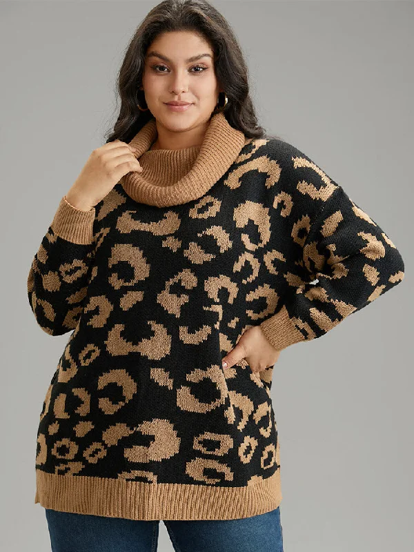 Leopard Contrast Jacquard Turtleneck Pullover