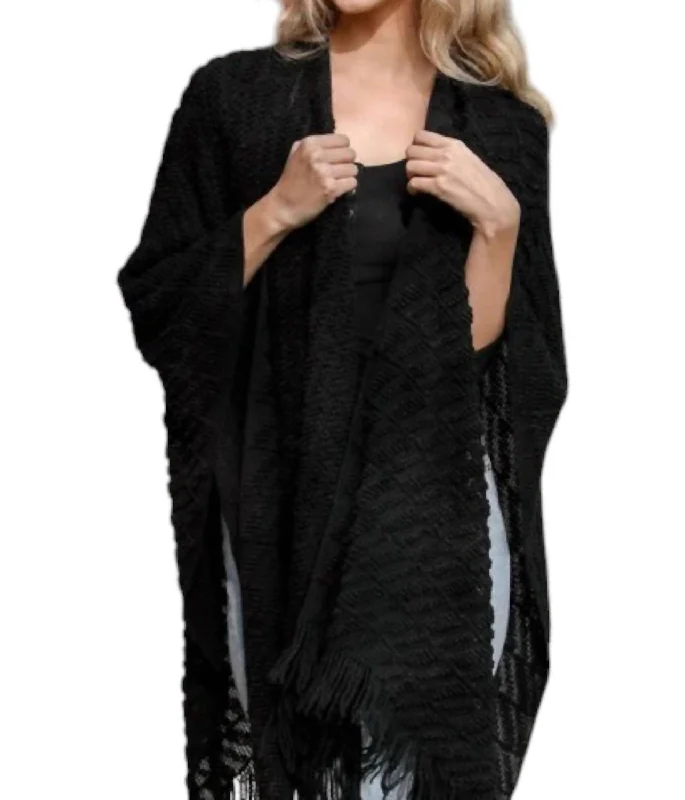 Soft Knit Tassel Ruana In Black