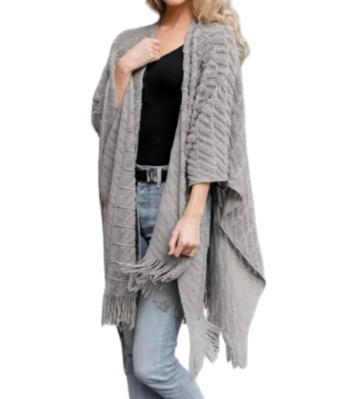 Soft Knit Tassel Ruana In Gray