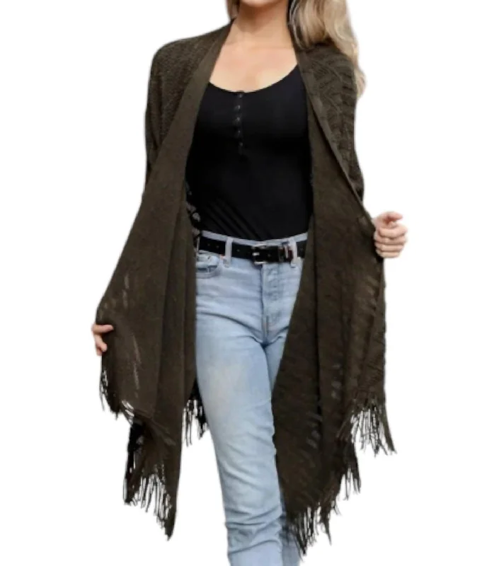 Soft Knit Tassel Ruana In Olive