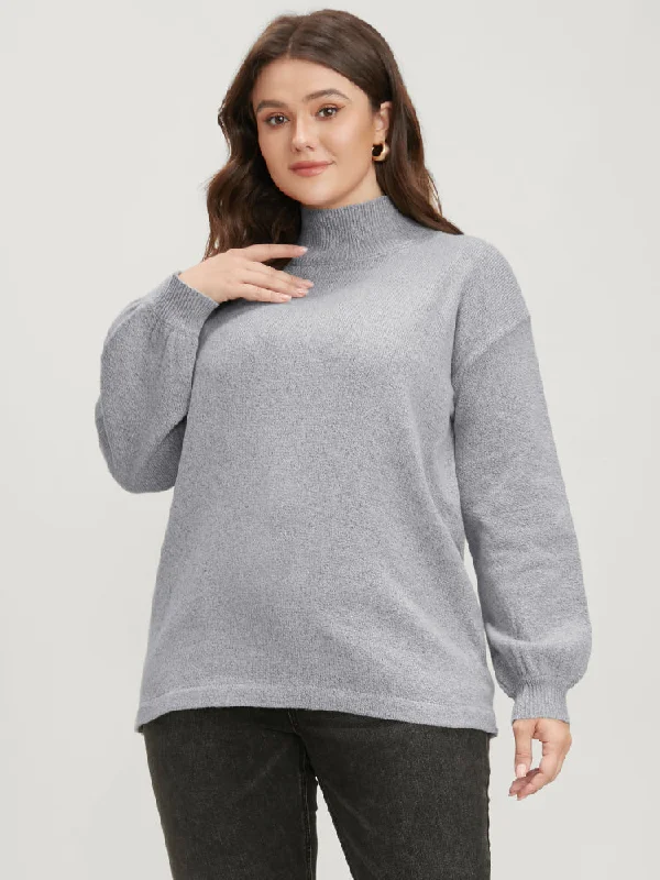 Solid Pointelle Knit Lantern Sleeve Mock Neck Heather Knit Top