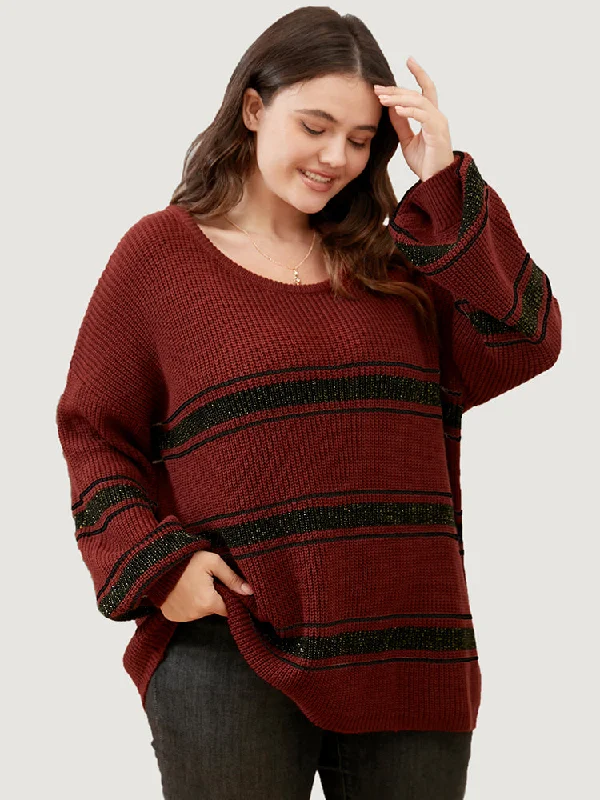 Striped Contrast Pointelle Knit Lantern Sleeve Round Neck Knit Top