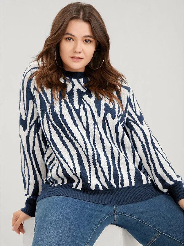 Zebra Print Pointelle Knit Raglan Sleeve Jacquard Knit Top