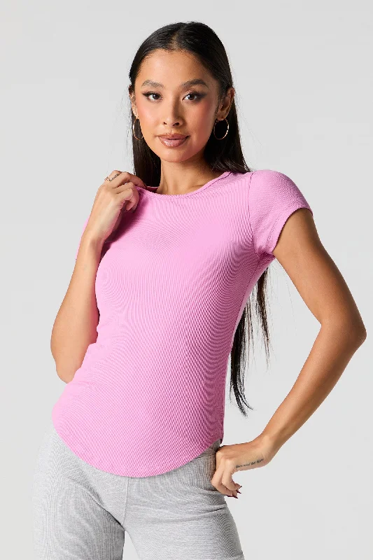 Ribbed Curved Hem T-Shirt