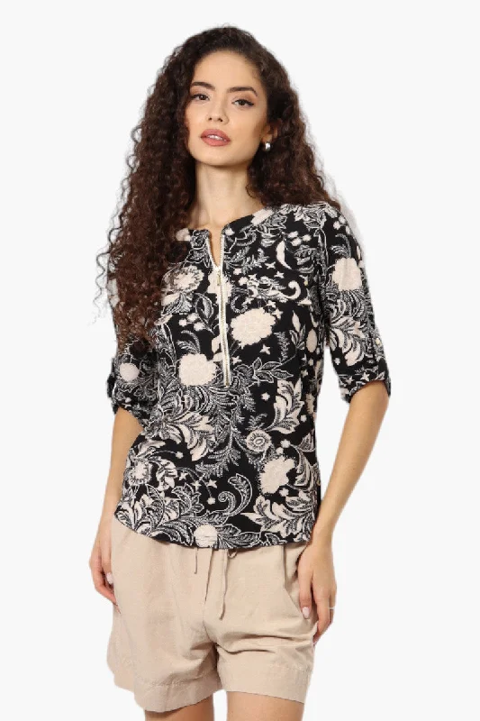 Beechers Brook Floral Half Zip Roll Up Sleeve Shirt - Black