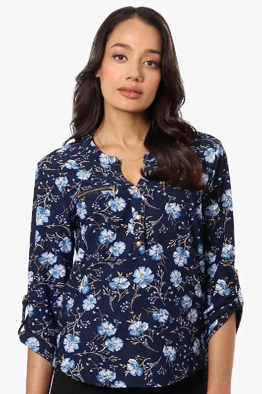 Beechers Brook Floral Henley Roll Up Sleeve Shirt - Navy