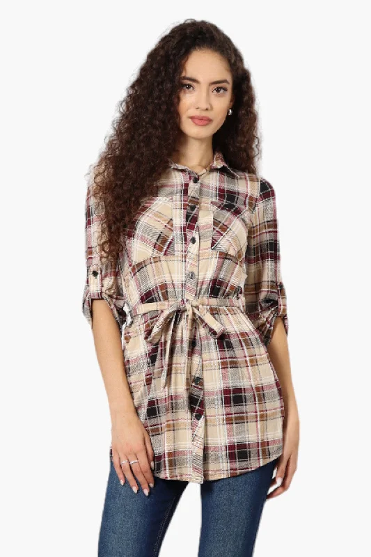 Urbanology Belted Plaid Button Down Shirt - Beige