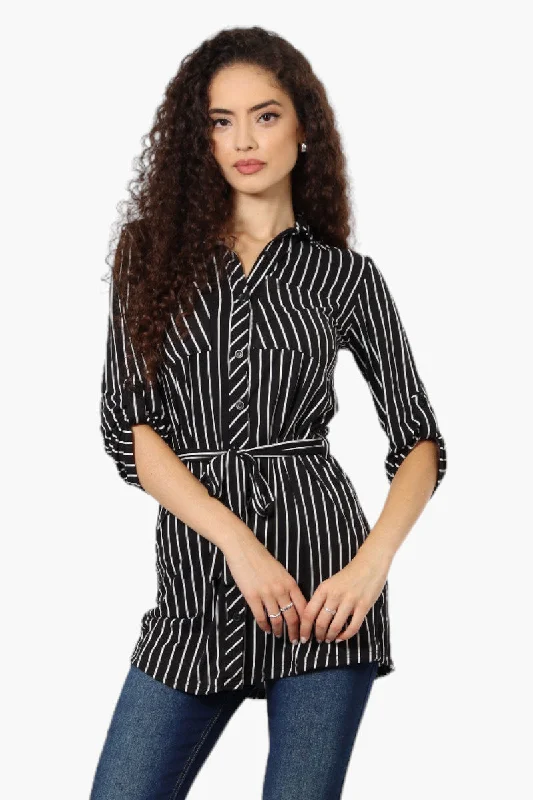 Urbanology Belted Striped Button Down Shirt - Black