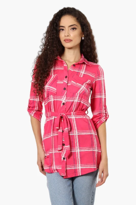 Urbanology Belted Striped Button Down Shirt - Pink