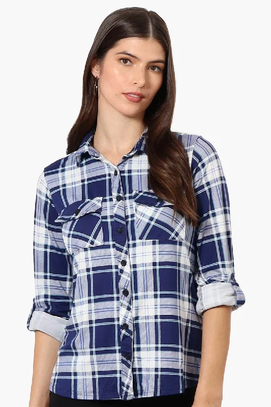 Urbanology Plaid Roll Up Sleeve Button Up Shirt - Blue