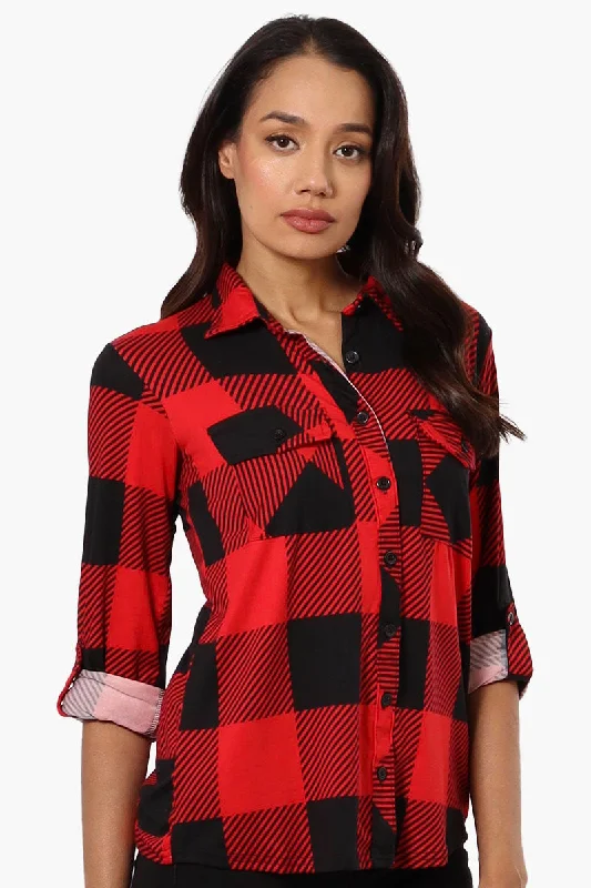 Urbanology Plaid Roll Up Sleeve Button Up Shirt - Red