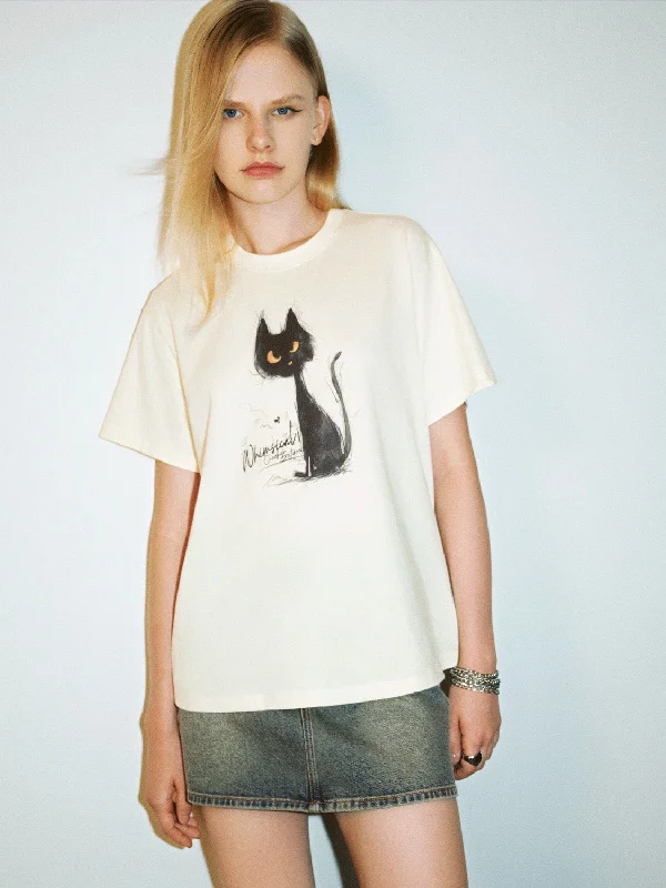 Cat Printed Crew Neck Straight T-Shirt