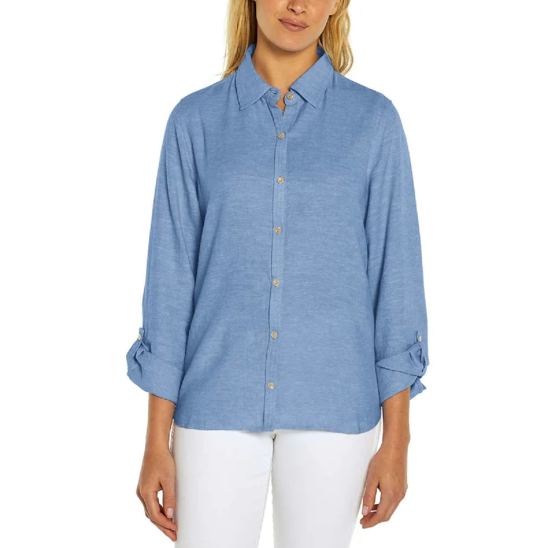 Orvis Women's Soft Lightweight Linen Blend Long Sleeve Top Button Up Shirt