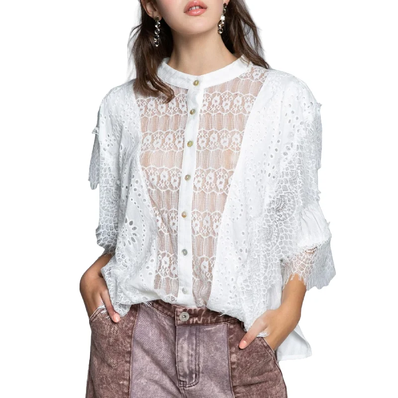 POL Women's Embroidered Eyelet Lace Ruffle Trim Hi-Low Hem Cotton Button Down Shirt Blouse