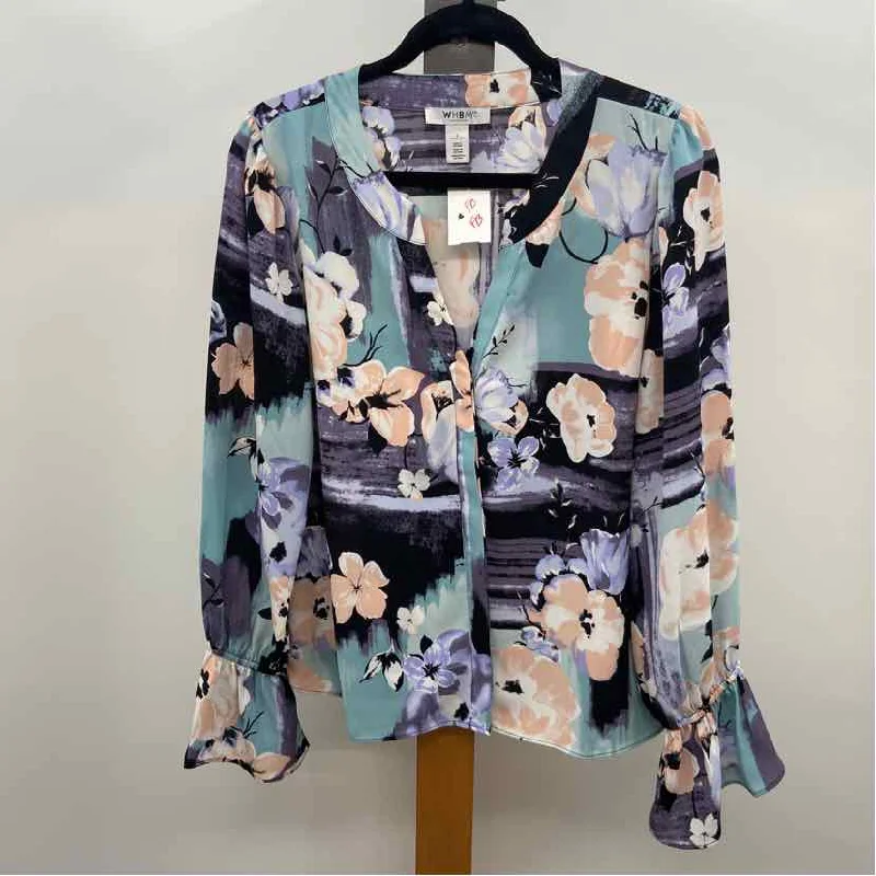 White House Black Market Women's Size L Aqua Floral Long Sleeve Shirt